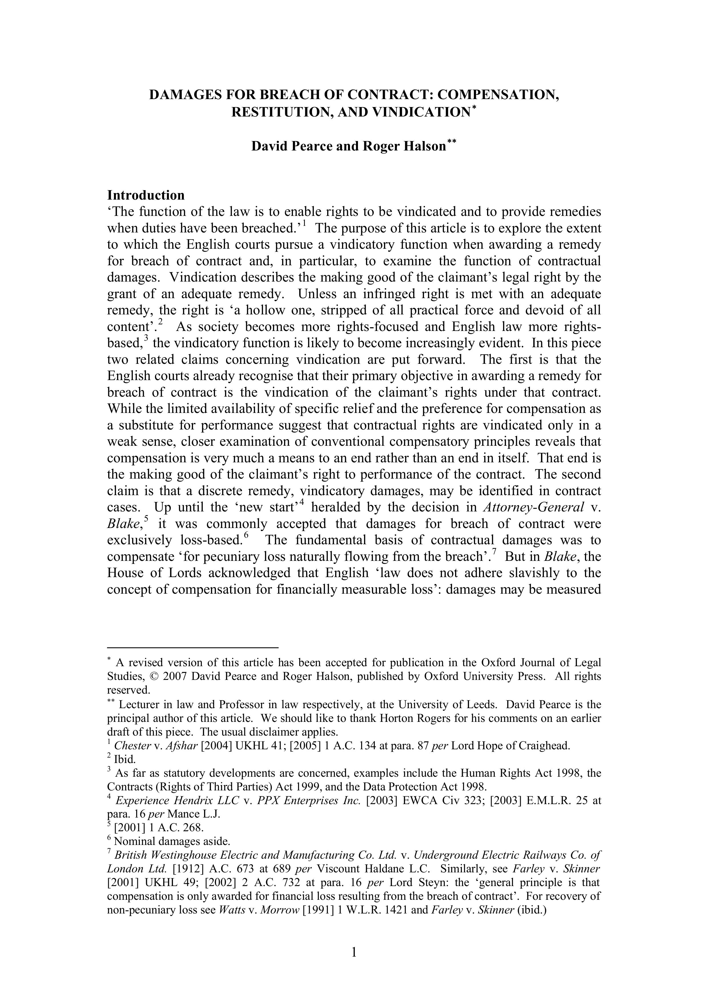 DAMAGES FOR BREACH OF CONTRACT: COMPENSATION, RESTITUTION, AND VINDICATION BY DAVID PEARCE AND ROGER HALSON